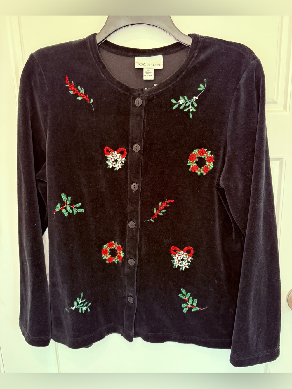 Tog Shop Christmas Size Medium Velvet Cardigan Embroidered Bows Wreaths VTG